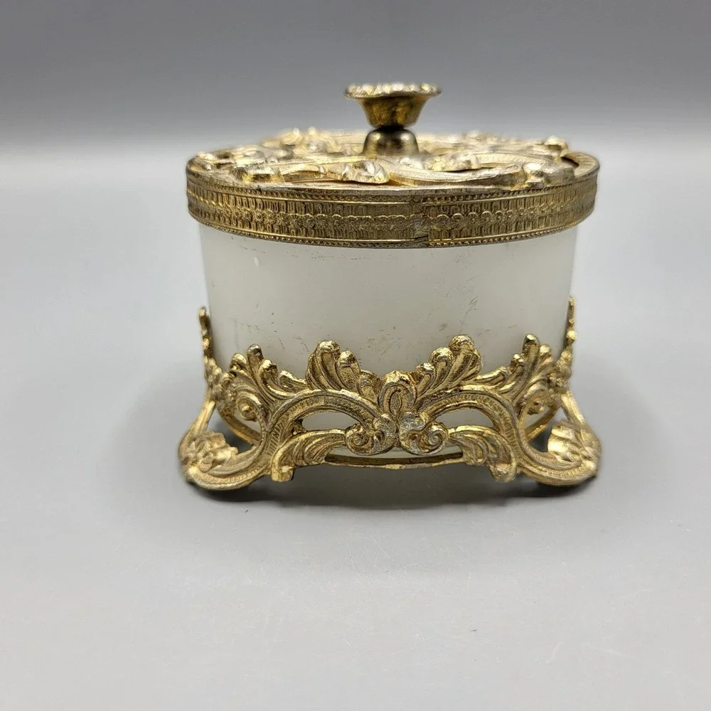 Vintage French Ormulo Trinket Box Vanity Jar Gold Filigree Frosted Glass Footed